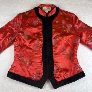 Peony Red Rayon Quilted Asian Oriental Floral Embroidery Jacket Woman's 36